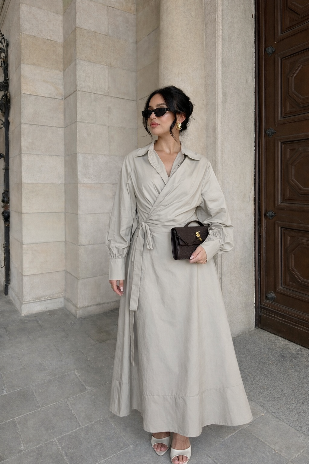 Robe longue portefeuille - Beige 