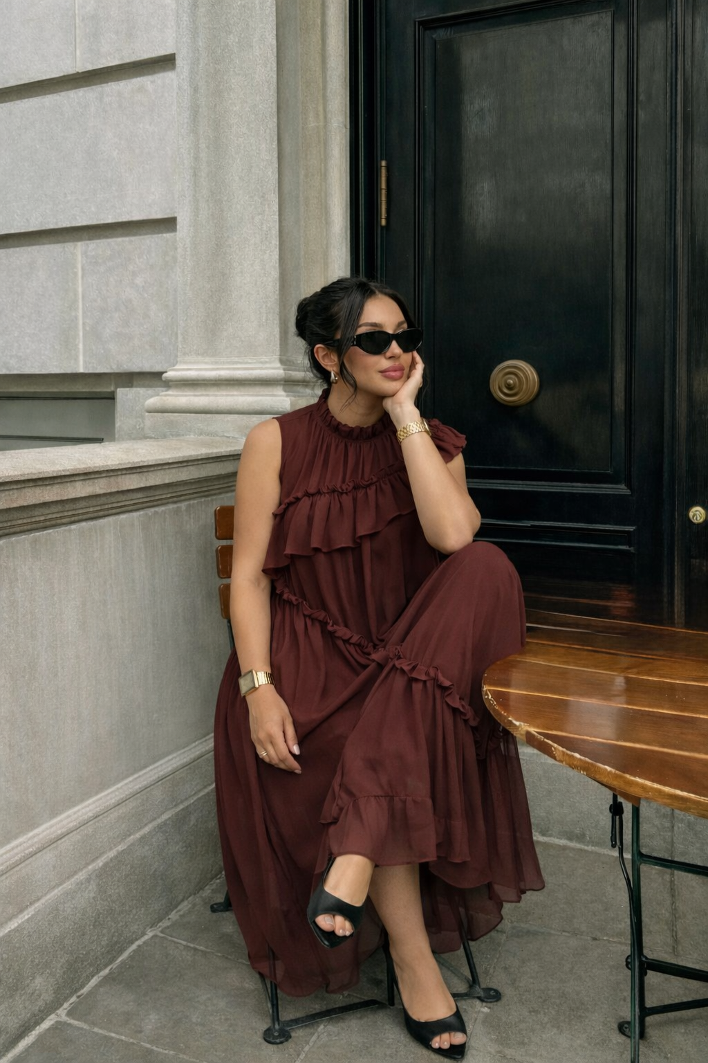 Robe longue fluide à volants - Marron - 2