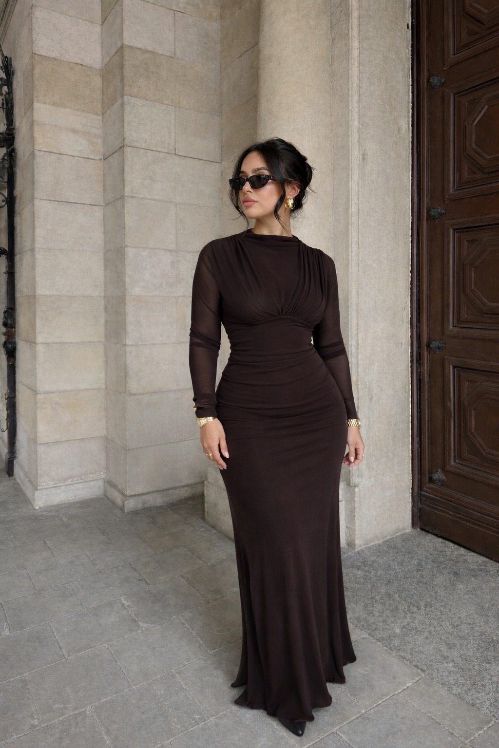 Robe longue moulante - Marron 