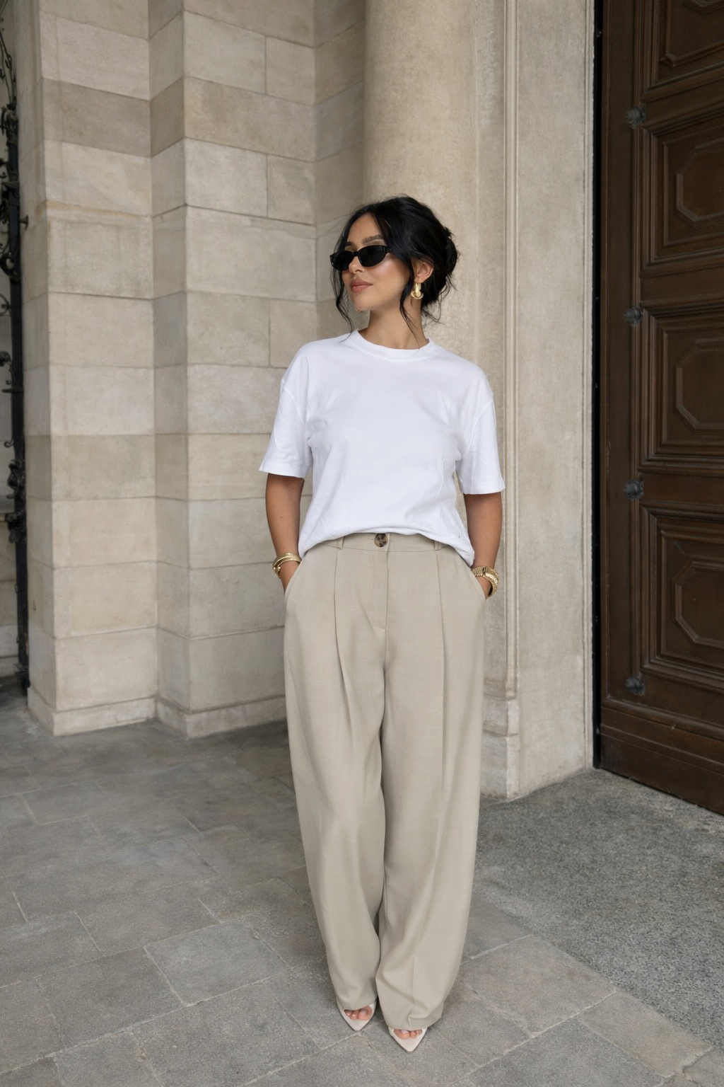Pantalon Tailleur Wide Leg Beige