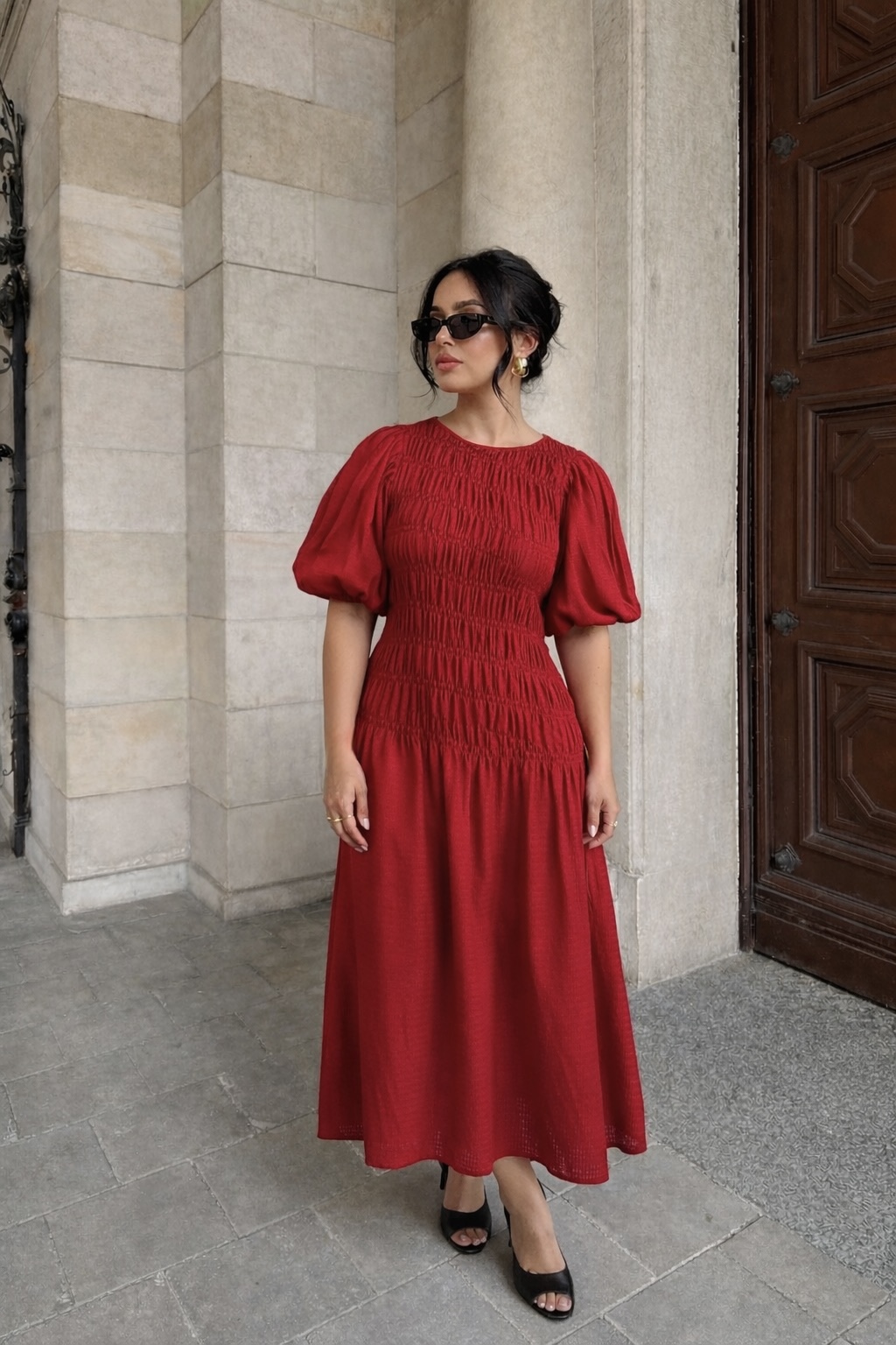 Robe smockée à manches bouffantes - Rouge 